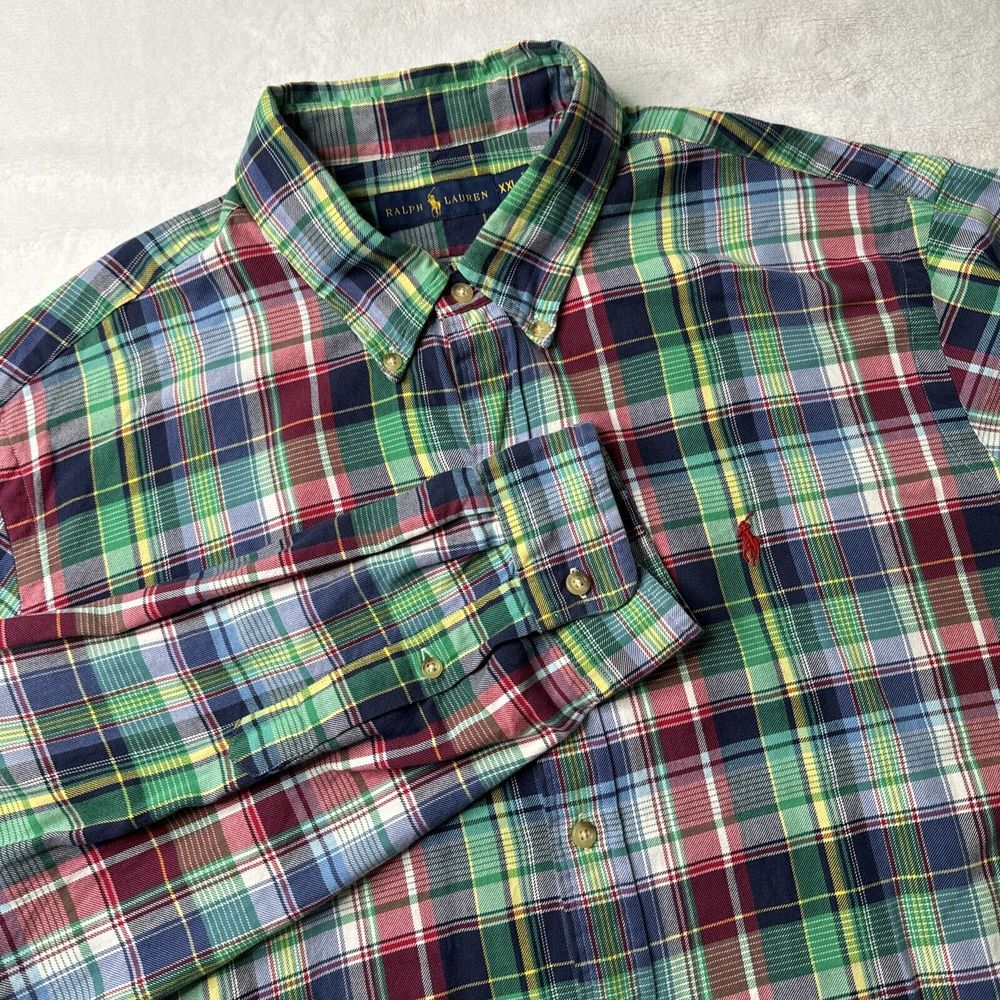 Chaps Ralph Lauren‎ MEDIUM Plaid Button Down Shirt Green/Blue Long Sleeve EUC - Picture 3 of 8